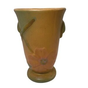 Vintage 1930s Weller Pottery Wild Rose Vase Peach Green Dual Handle 6.5" Trumpet